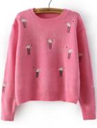 Romwe Ostrich Embroidered Pink Sweater