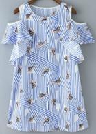 Romwe Open Shoulder Striped Rabbit Print Dress