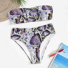 Romwe Snake Print Bandeau With High Waist Bikini