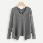 Romwe V Neck Asymmetrical Solid Sweater