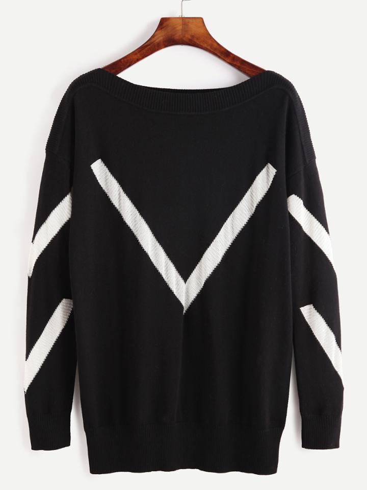 Romwe Black Contrast Panel Drop Shoulder Sweater