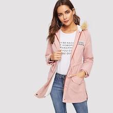 Romwe Faux Fur Contrast Pocket Letter Coat