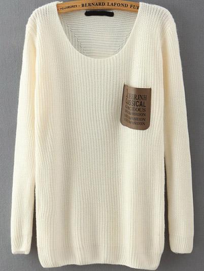 Romwe Letter Print Pocket White Sweater