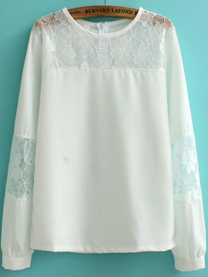 Romwe Lace Insert Long Sleeve Chiffon White Top