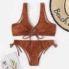 Romwe Dot Print Drawstring Tie Side Bikini Set