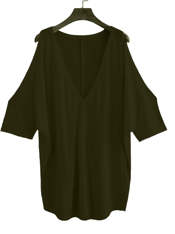 Romwe Army Green Open Shoulder Elbow Sleeve T-shirt