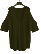 Romwe Army Green Open Shoulder Elbow Sleeve T-shirt