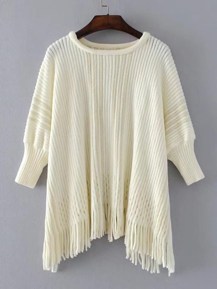 Romwe Asymmetrical Fringe Hem Ribbed Sweater