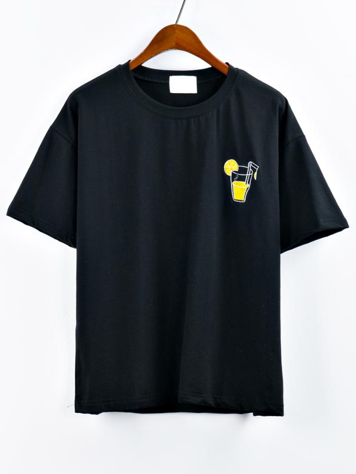 Romwe Lemon Juice Embroidered T-shirt - Black
