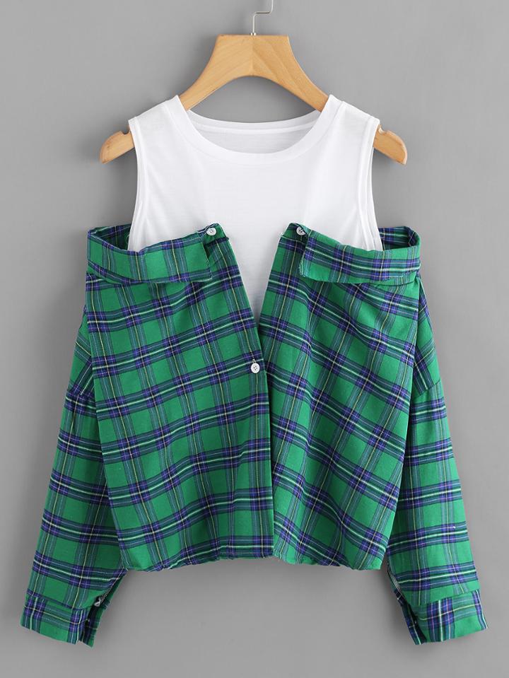 Romwe Cold Shoulder Plaid Color Block Top