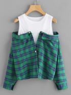Romwe Cold Shoulder Plaid Color Block Top