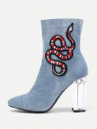 Romwe Snake Embroidery Clear Heeled Boots