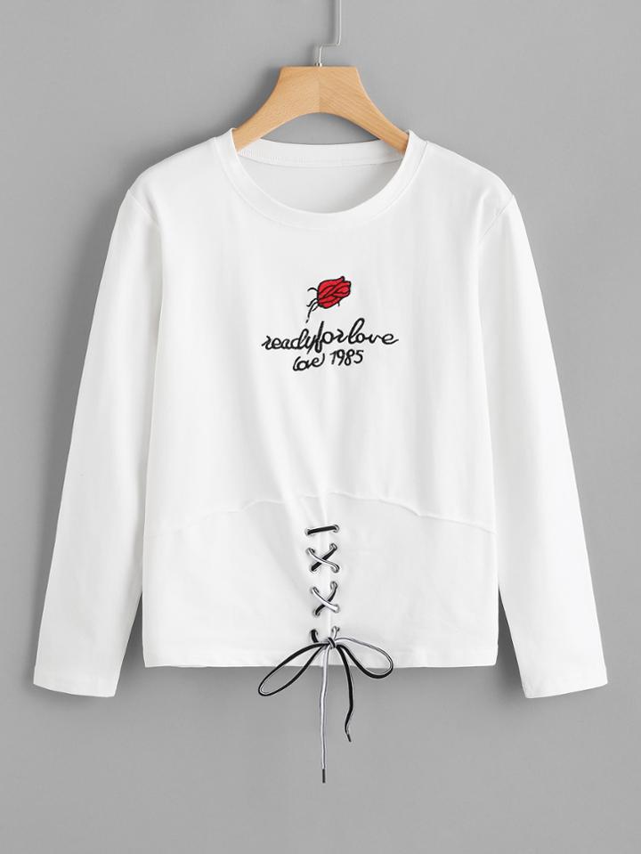 Romwe Eyelet Lace Up Embroidered Tee