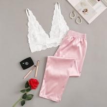Romwe Floral Lace Bralette With Satin Pants