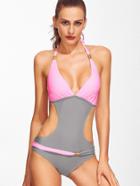 Romwe Color Block Metal Detail Halter Monokini