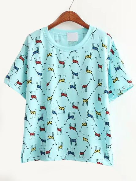 Romwe Giraffe Print Blue T-shirt