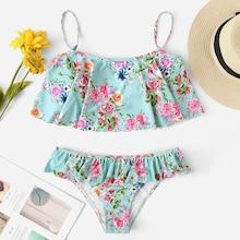 Romwe Random Floral Flounce Top With Ruffle Bikini Set