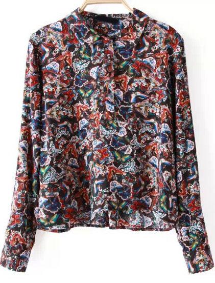 Romwe Black Long Sleeve Butterfly Print Crop Blouse