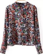 Romwe Black Long Sleeve Butterfly Print Crop Blouse