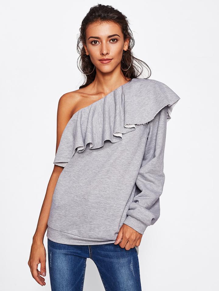 Romwe Flounce One Shoulder Heather Knit Sweatshirt