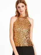 Romwe Gold Keyhole Back Sequined Top
