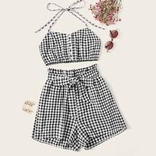 Romwe Gingham Button Front Halter Top With Paperbag Shorts
