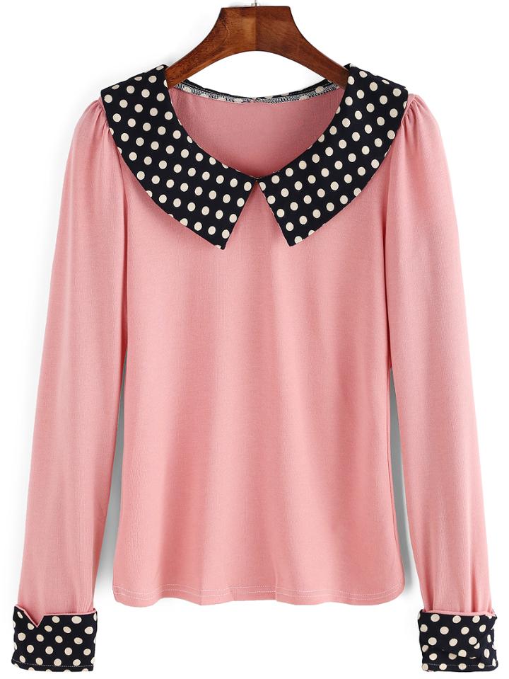 Romwe Polka Dot Crop Pink Blouse