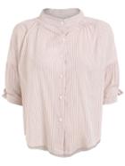Romwe Band Collar Vertical Striped Half Sleeve Blouse - Pink