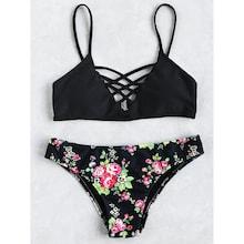 Romwe Criss Cross Top With Floral Print Bikini Set