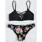 Romwe Criss Cross Top With Floral Print Bikini Set