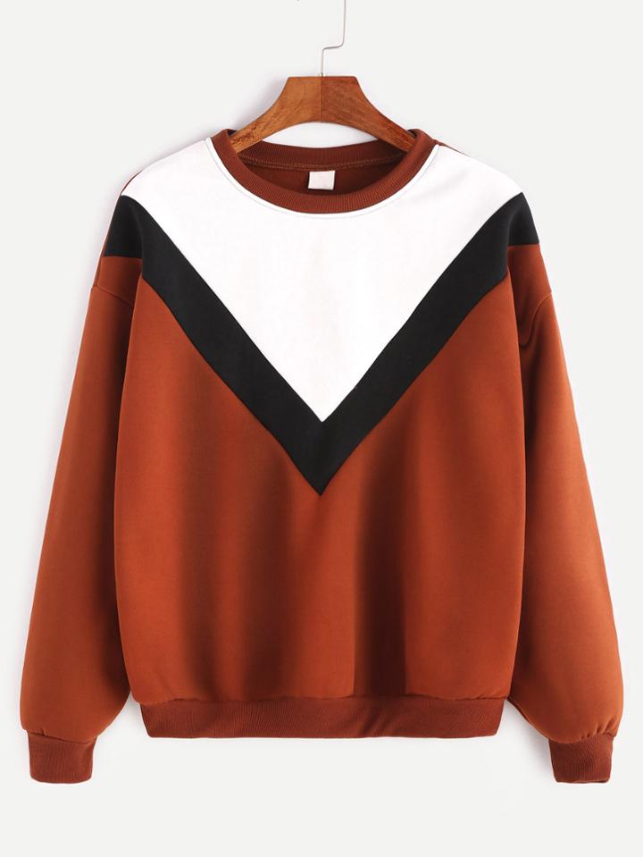 Romwe Brown Contrast Chevron Dropped Shoulder Seam Sweatshirt
