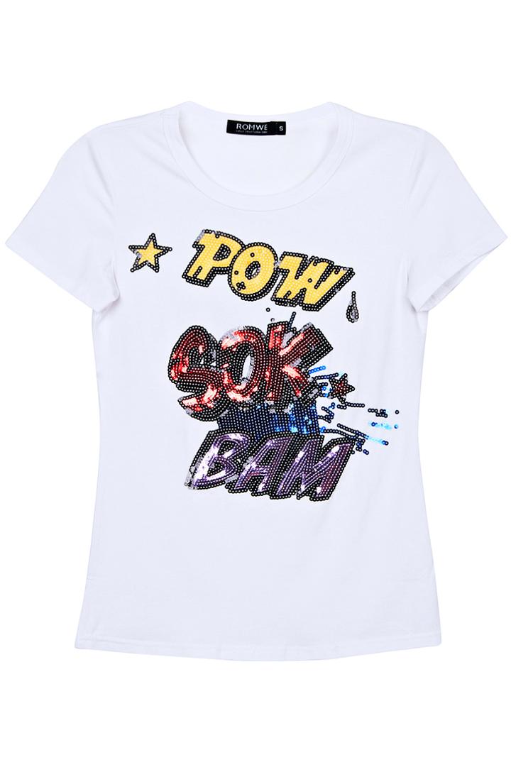 Romwe Sequined Bang Pattern White T-shirt
