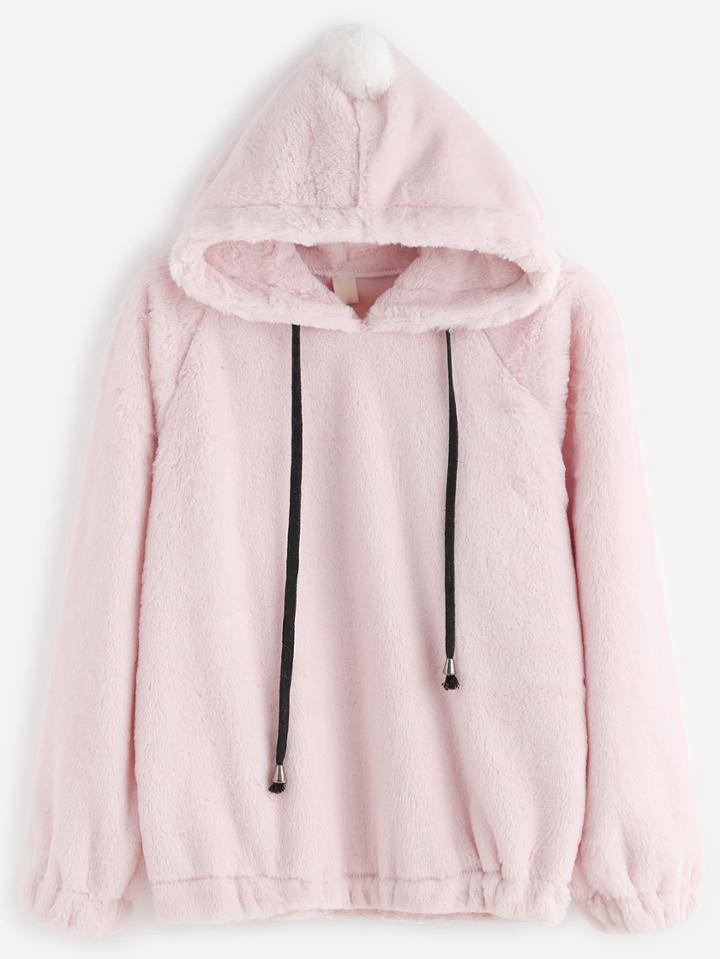 Romwe Raglan Sleeve Pom-pom Embellished Drawstring Hooded Fuzzy Sweatshirt