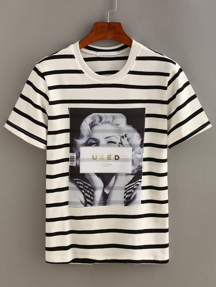 Romwe Striped Graphic Print T-shirt - White