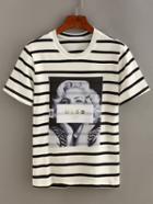 Romwe Striped Graphic Print T-shirt - White