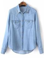 Romwe High Low Studded Denim Blouse With Pockets
