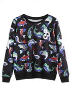 Romwe Black Cartoon Fish And Letter Print Sweatshirt