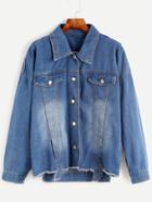 Romwe Blue Bleached Drop Shoulder Fray Hem High Low Jacket