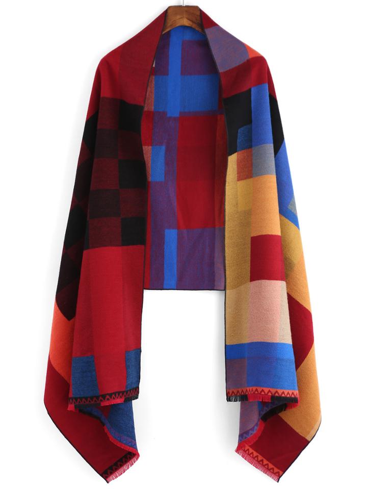 Romwe Fringe Patchwork Scarf