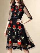 Romwe Black Gauze Embroidered Sheer Dress