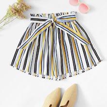 Romwe Plus Knot Detail Frill Trim Striped Shorts