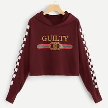 Romwe Letter Print Checkerboard Hooded Sweatshirt