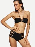 Romwe Black Halter Neck Strappy Lace-up Bikini Set