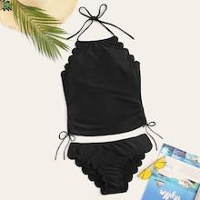 Romwe Scallop Trim Drawstring Halter Tankini Set