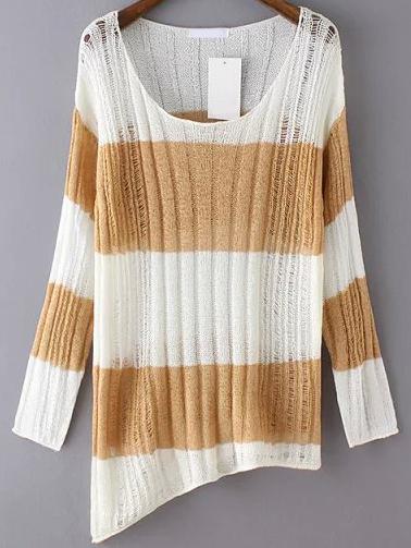 Romwe Striped Open-knit Asymmetrical Khaki Sweater