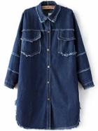 Romwe Frayed Curved Hem Flap Pocket Denim Shirt Dress