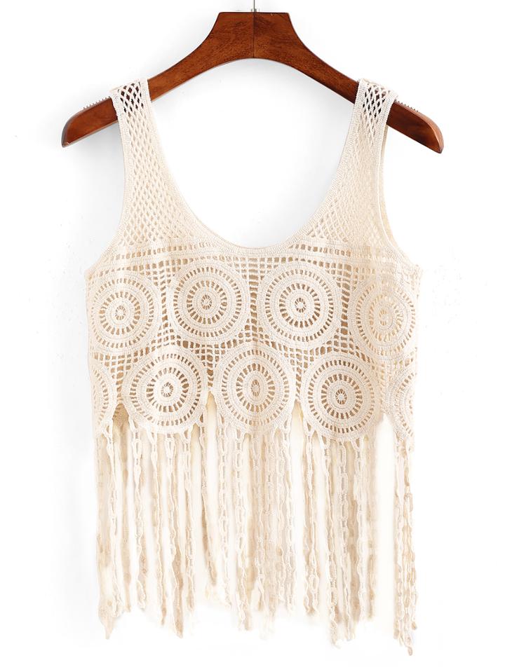 Romwe Hollow Out Fringe Crochet Tank Top