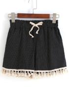 Romwe Drawstring Vertical Striped Tassel Black Shorts