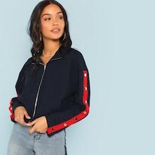 Romwe Button Detail Zip Front Striped Jacket