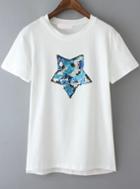 Romwe With Sequined Star Pattern White T-shirt